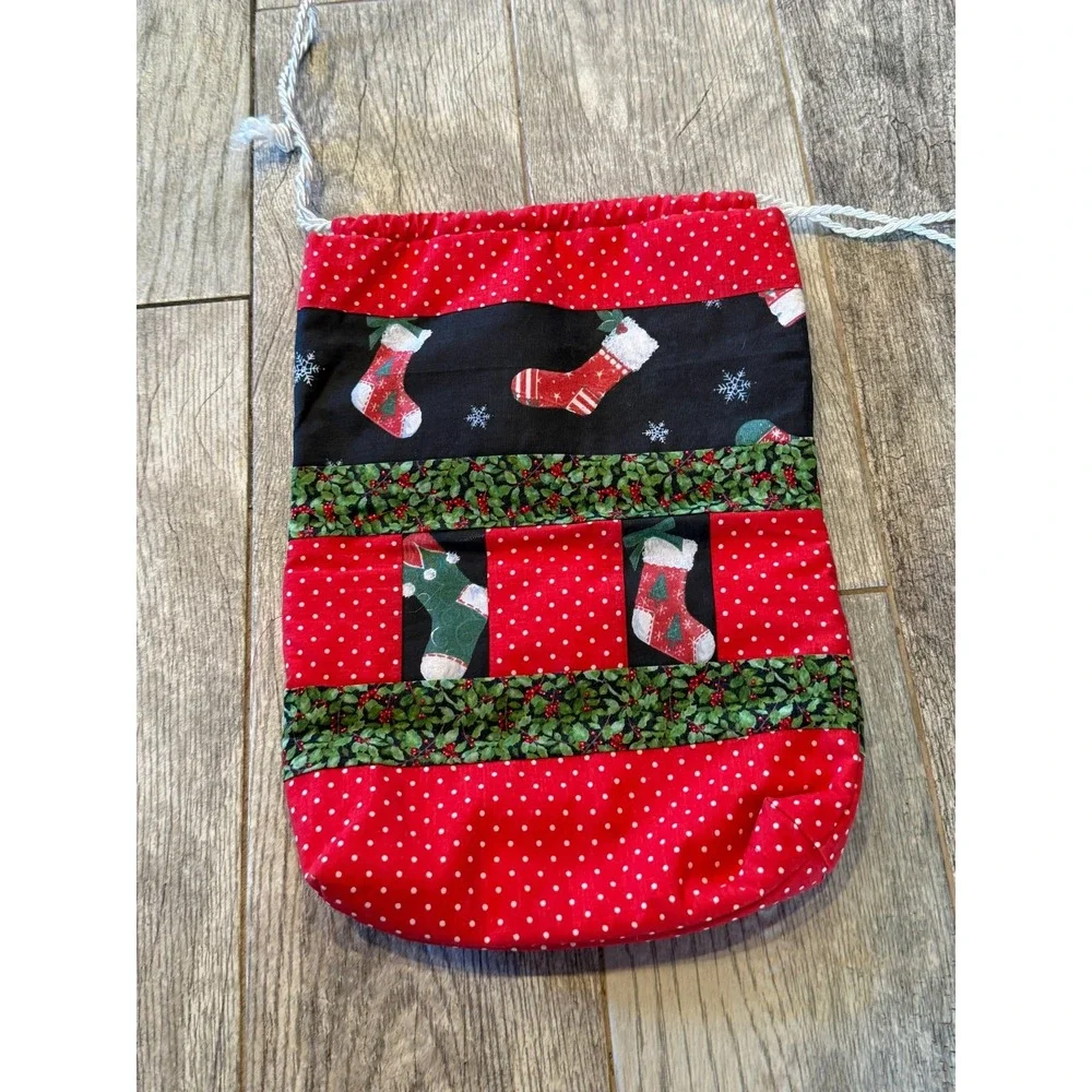 Set of 2 Handmade Fabric Cloth Christmas Bags Holiday Drawstring Totes Sack Gift